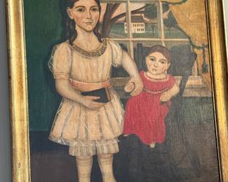 19thc oil painting portrait of Hannah (7 yrs) & Calvin (2 yrs) Jenkson