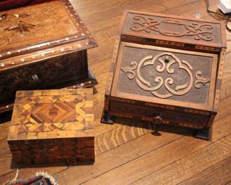 Assorted inlaid / carved boxes / lap desks