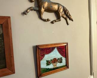 Reverse painted still life & metal horse