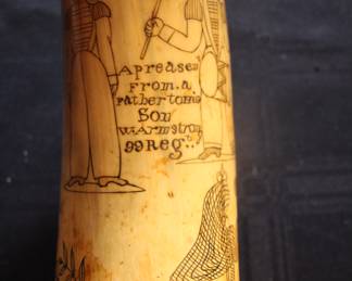 Antique scrimshaw carved powder horn - "A present from a father to his son W. Armstrong 99th Reg"