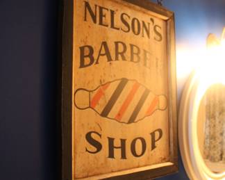 Vintage Nelson's Barber Shop advertising sign (two sided)