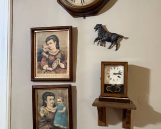More vintage clocks; Currier & Ives prints