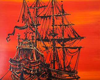 vintage oil drip painting of tall ships, signed by Stuart of Vanguard Studios