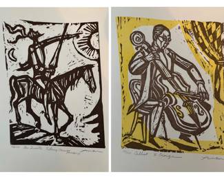 woodcut prints "Don Quixote" (136/250) and cello player (168/250) both by Irving Amen (American) 1918-2011