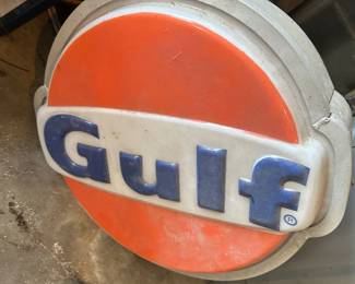 1982 Gulf sign 22 inches wide 20 inches height   Kolux Division E-6542. Constructed of aluminum backing and frame. 