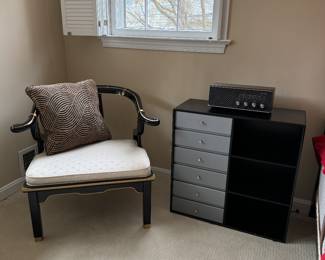 Century Upholstered Seat Lacquered Armchair (27"W x 27"D x 25"H) & Vintage IKEA 6 Drawer/3 Tier Media Cabinet (12"D x 27-1/2"W x 27-1/2"H)