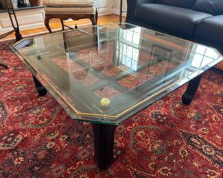 James Mont Style Glass Top / Lacquered Base Square Coffee Table (40"W x 40"D x 16"H)