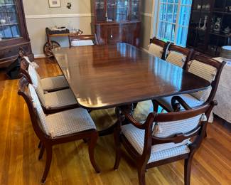 Duncan Phyfe Mahogany Pedestal Dining Table (44"W x 30-1/2"H x 71-1/2"L with 3 Leaves 18"L each) with 6 Side Chairs & 2 Armchairs