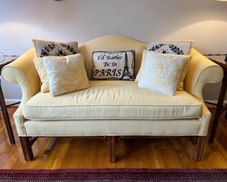 Vintage Custom Daisy Yellow Upholstered Camel Back Loveseat (32"D x 60"W x 32" Back Height)