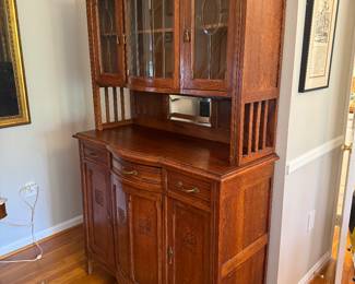 Antique Oak 6 Door / 3 Drawer Hutch with 3 Glass Doors & Mirror (47"W x 21"D x 80"H)