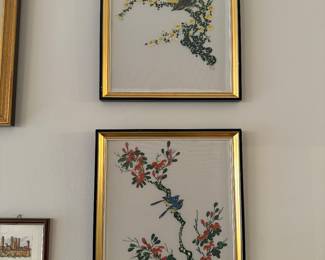 Framed Original Dual Watercolors on Silk Chinese Floral & Bird Paintings Signed