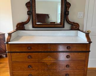 Antique Mahogany with Inlay & Marble Topped 4 Drawer Wash Stand with Mirror (56"W x 21"D x 74"H)
