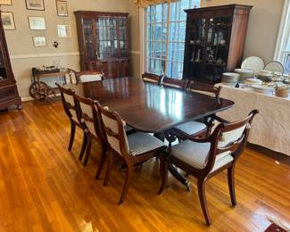 Duncan Phyfe Mahogany Pedestal Dining Table (44"W x 30-1/2"H x 71-1/2"L with 3 Leaves 18"L each) with 6 Side Chairs & 2 Armchairs