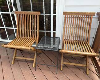 Foldable Teak Outdoor Patio Chairs (2 Total) & Wrought Iron Side Table