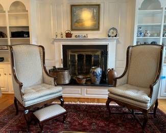 French Provincial Style Matching Armchairs (25"W x 29"D x 48"Back Height) w Foot Stool 