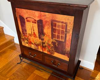 2 Door / 2 Drawer Painted Motif Cabinet & Separate Wrought Iron Base (32-1/2"W x 13"D x 36-1/2"H w Base)