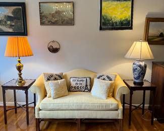 Vintage Custom Daisy Yellow Upholstered Camel Back Loveseat (32"D x 60"W x 32" Back Height) & Vintage Imperial Square Mahogany Side Tables with Glass Topper (16"W x 16"D x 26"H / 2 available)