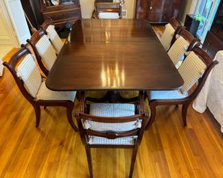 Duncan Phyfe Mahogany Pedestal Dining Table (44"W x 30-1/2"H x 71-1/2"L with 3 Leaves 18"L each) with 6 Side Chairs & 2 Armchairs