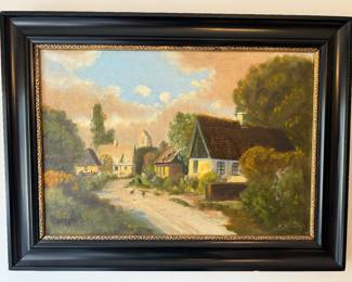 Framed Original Oil on Canvas Village Scene Signed 