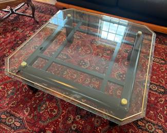 James Mont Style Glass Top / Lacquered Base Square Coffee Table (40"W x 40"D x 16"H)