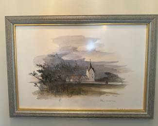 Framed Original Watercolor on Paper Church Landscape Signed Romo Munos Stage 92 08 07