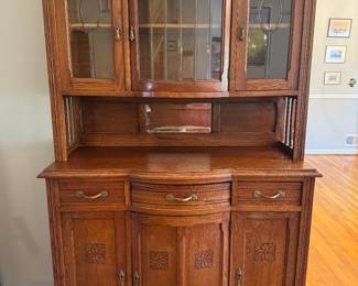 Antique Oak 6 Door / 3 Drawer Hutch with 3 Glass Doors & Mirror (47"W x 21"D x 80"H)