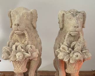 Pair of Carved Limestone Dogs