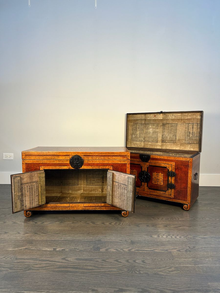 Double happiness symbols on the outside. Chinese script details inside lining