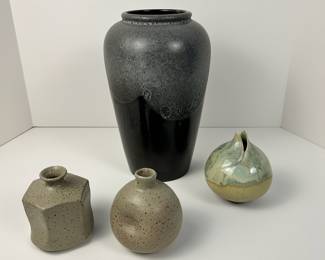 Scheurich mid century German Pottery (back), Tamiko Claire stoneware vases (left, center)