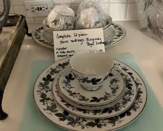Royal Doulton 12 five piece place settings of Burgundy, serving pieces