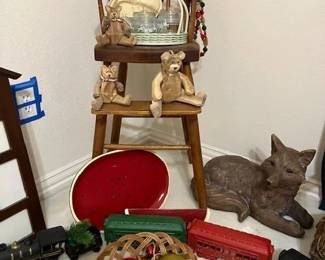 Antique high chair, vintage railroad, bears, vintage baby dresser set