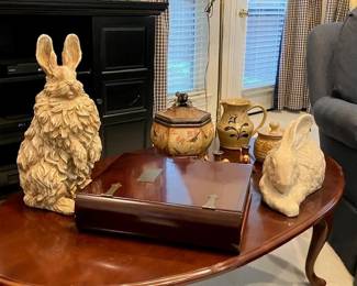Bombay wooden book, rabbits, ceramics