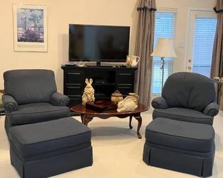 Pair of Ethan Allen upholstered swivel rockers with matching ottomans