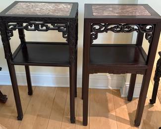 Chinese Carved Rosewood & Marble 2 tier tables