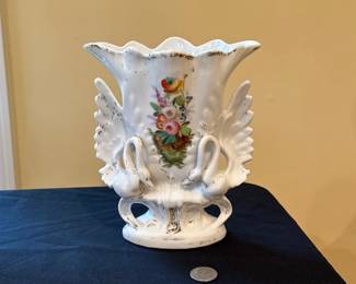 white porcelain vase - French - swan shaped handles 