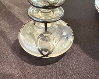 antique glass bottle and stopper with silver overlay 