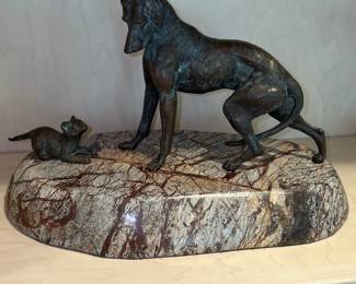 bronze sculpture of a dog and a cat with marble base 