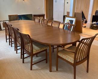 Teak Expansion Oval Dining Room Table and 10 chairs 