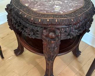 Antique Chinese Hand Carved Hard Wood W Marble Inlay 