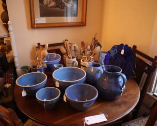Vintage and antique blue crockery and stoneware, on the breakfast table in the lower staircase room.