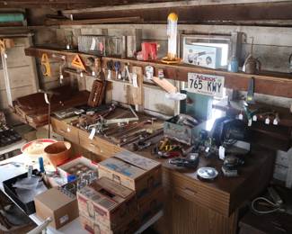 A view of the garage set up for selling the merchandise.