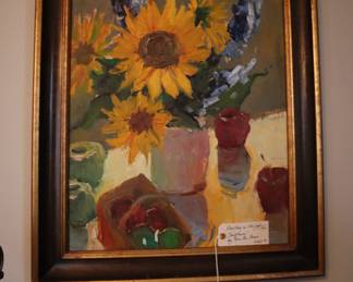 A framed impression style still life by Eva Sue Burns, in oil paints, in the living room.