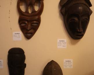 c. 1940 mask in top left, the other 3 are antique African Congo masks. Lower staircase room
