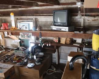 A view of the garage set up for selling the merchandise. 
