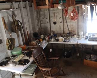 A view of the garage set up for selling the merchandise.