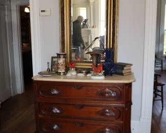 3 drawer Victorian chest with old marble top and perfect proportioned old mirror in front entrance room.