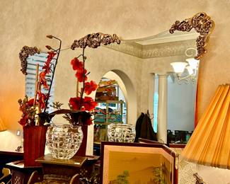 FANTASTIC STAND OUT VINTAGE MIRROR WITH GOLD FLORAL DETAILS.  BEVELED!