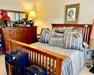 Master bedroom Bassett Mission Furniture with like new mattress and linens. 