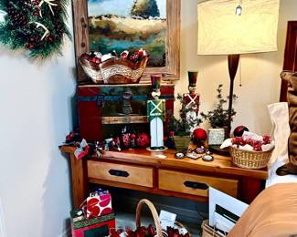 RUSTIC RANCH CONSOLE, SOFA TABLE WITH FUN ORNAMENTS.