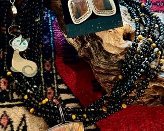 STERLING, ONYX, TIGER-EYE, AND PETRIFIED WOOD NECKLACE AND EARRINGS.  STAND OUT PIECES!